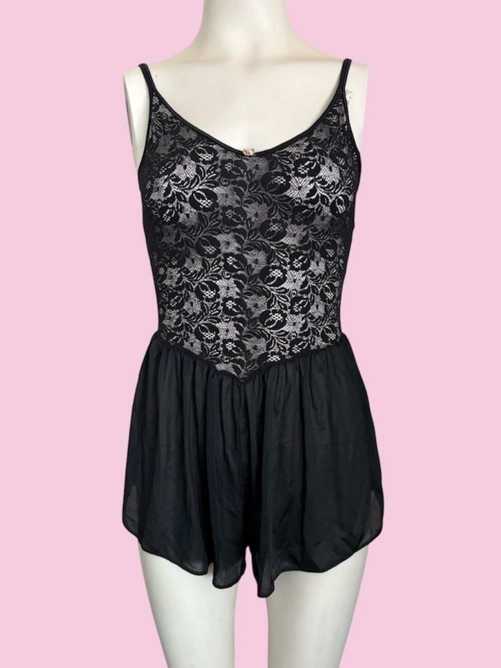 Vintage 80’s OLGA Christina Black Sheer Lace Nylon Teddy Romper Sz S